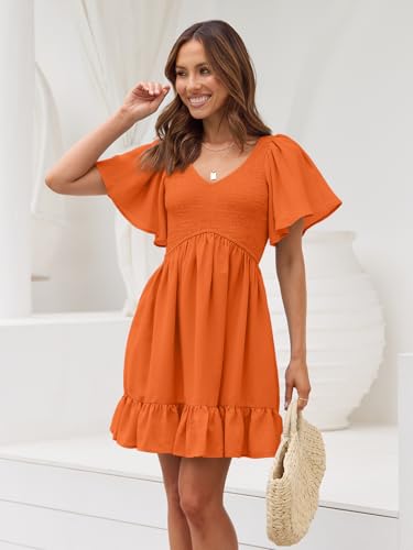 Image of LILLUSORY Women's Flowy Casual Mini Dresses 2026 Summer Graduation Smocked V Neck Vacation Dress Dress with Pockets