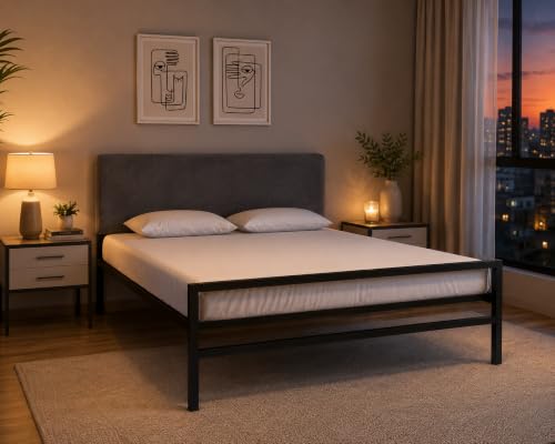 Image of Metal Platform Bed Frame with Upholstered Headboard, Grey Tufted headboard, Minimalist Bedroom Furniture, Sturdy Steel Slat Support, Contemporary Bedroom Decor, Queen Size Comfortable