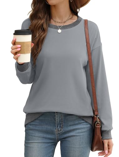 Image of Saloogoe Sweatshirts for Women Crewneck Long Sleeve Loose Fit Tops Color Block Ribbed Trim Fashion 2025