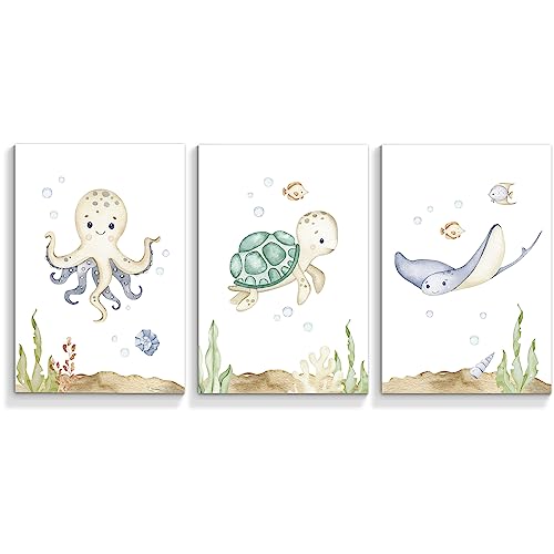 Image of Yuaruo Ocean Animal Nursery Canvas Wall Art, 3 Piece Under The Sea Artwork Poster, Cute Life Aquatic Turtle Octopus Print Painting Decor for Baby Bedroom Playroom Classroom 12x16in Unframed