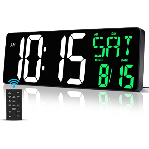 17 Inch Large Digital Wall Clock with Remote Control, Automatic Brightness Dimmer Digital Wall Clock Large Display with Day/Date/Temperature, Snooze, Count Up & Down Timer for Living Room, Office, Gym