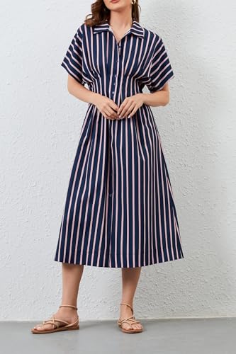 Image of Women Striped Button Down Shirt Maxi Dresses Summer Pleated Short Sleeve Collar Casual Corset Long Dress