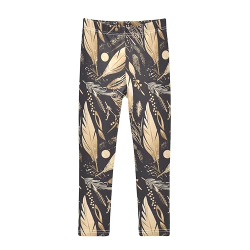 Gold Black Feathers Pattern Kids Girl's Basic Leggings Soft Full Length Dance Pants Gym