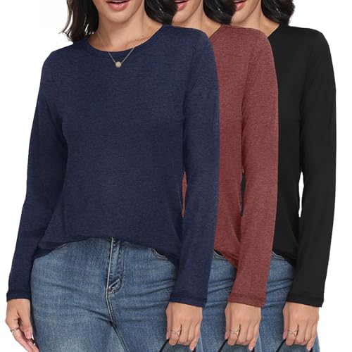GAYHAY 3 Pack Long Sleeve Shirts for Women - Loose Fit Crew Neck Basic Tees Fall Tops Outfits Casual Clothes 2025