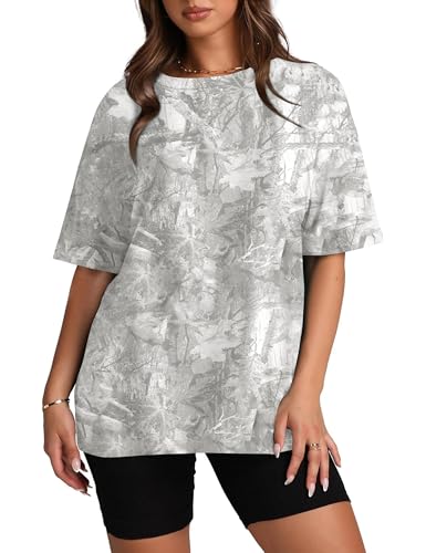Image of Womens Camo Shirt Oversized Maple Leaf Short Sleeve T Shirts Tops | Loose Fit,White Camo T-Shirt,Crew Neck,Half Sleeve,Everyday Outfits,Gym,Workout,Home,Work,Hiking,2026 Basic Tee