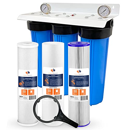 3-Stage 20" Whole House Filtration System by Aquaboon+Housing Bracket+Pressure Gauges+Carbon Block+Sediment+Pleated Sediment Filter Cartridges…