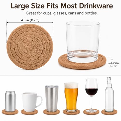 ABenkle Woven Coasters for Drinks Set of 6, Boho Absorbent Drinking Coaster, 4.3 Inch - Perfect Housewarming Gift, Home Decor, Bar Essentials for Coffee Table