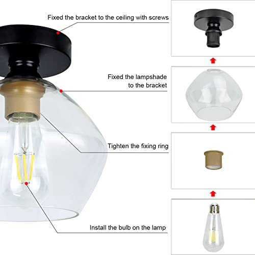 DLLT Industrial Semi Flush Mount Light, Vintage Close to Ceiling Light, Farmhouse Glass Ceiling Light Fixture for Hallway, Entryway, Dining Room, Bedroom, Cafe, Bar - Thumbnail 3