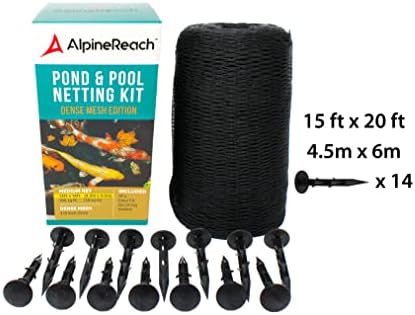 AlpineReach Pond & Pool Netting 15 x 20 ft - DENSE FINE MESH HEAVY DUTY NET | Cover for Leaves | Protects Koi Fish from Birds, Blue Heron, Cats, Predators UV Protection All Accessories Stakes Included