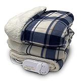 Biddeford Blankets Comfort Knit Sherpa Electric Heated Blanket with Analog Controller, Throw, Blue/White Plaid