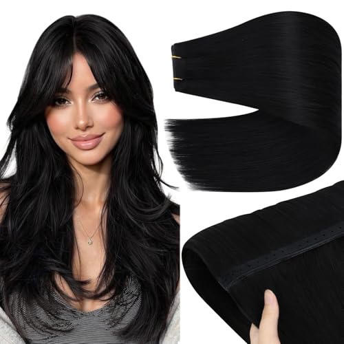 Image of YoungSee 80g Butterfly Weft Hair Extensions Human Hair 16 Inch Jet Black Invisible Double Pu Hole Weft Extensions OVO Weft Extension for Remy Straight Hair, Add Length 1