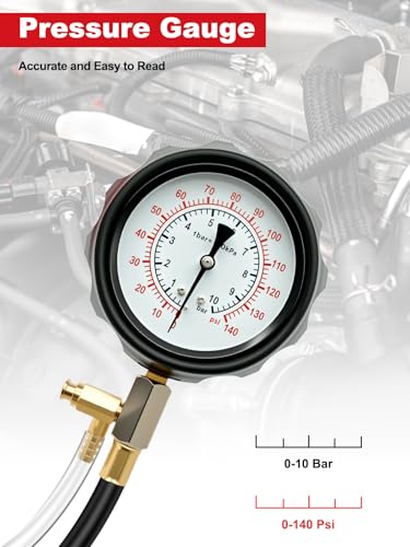 Wvoillty 0-140PSI (10 Bar) Kraftstoffdruckprüfer Kit, Benzinpumpen Tester mit Adapter & Manometer, Diagnosewerkzeug für Auto, LKW, Motorrad