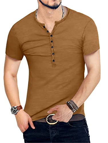 Ytd Mens Casual Slim Fit Basic Henley Short Sleeve Fashion Summer T-Shirt M Barley #TOP2