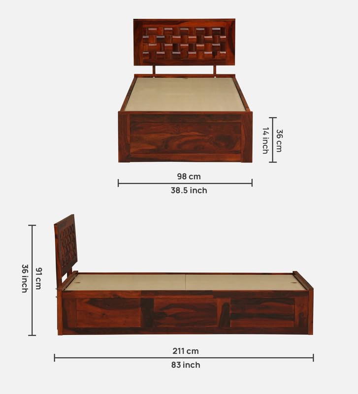 Image of Solid Sheesham Wood Woodora Single Bed with Box Storage | Wooden Single Bed Cot Palang Furniture for Bedroom Living Room Home and Hotel (Honey Oak Finish)