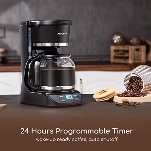 Aigostar 12 Cup Coffee Maker, Programmable Coffee Maker With Glass Carafe Pot, 24H Timer And Anti-Drip System, 2H Keep Warm With Auto-Shut Off, Electric Coffee Maker, Black #TOP2