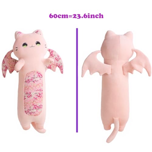 Image of Long Bat Cat Plush Body Pillow Super Soft Stuffed Pink Kitten with Wings,Fluffy Bat Kitty Plushie Big Toy Gifts /23.6''