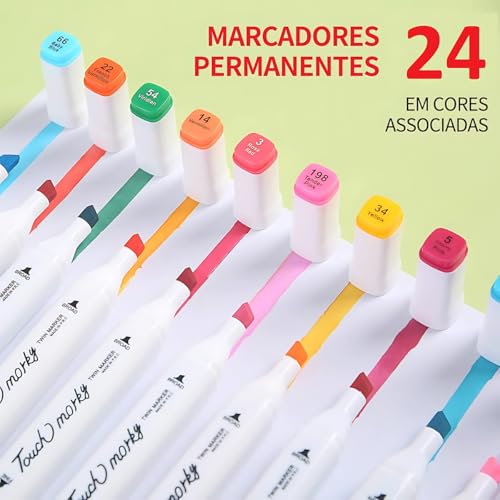 Combo de Canetas Touch Marcadoras Dupla Ponta para Arte e Desenho, 24 Cores Vibrantes, Código por Co