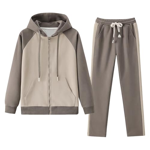 amropi Chándal de Mujer Chaqueta con Capucha y Jogging Pantalones 2 Piezas Conjunto de Deportivo Café, XS