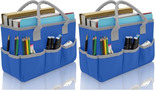 Image of Cupohus Art Organizer Craft Storage Tote Bag with Pockets and Hadles, Oxford Fabric Carrying Caddy for Teacher, Officer, Artist, Students, Traveler, and more - Blue with Grey Edge (Pack of 2)