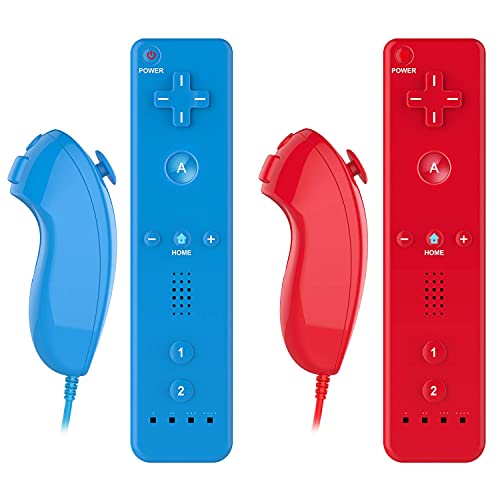 Poglen 2 Packs Wireless Gesture Controller and Nunchuck Jostick Compatible for Wii Wii U Console (Red and Deep Blue)