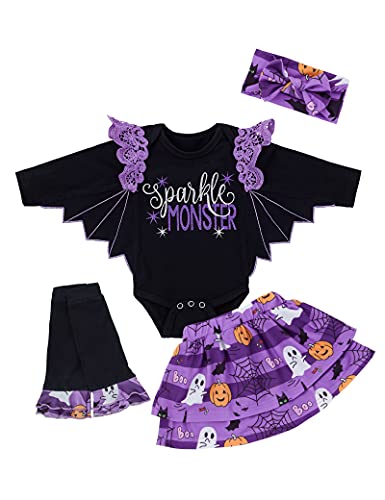 KANGKANG Baby Girl Halloween Bat Ruffled Letter Print Long Sleeve Romper Pumpkin Ghost Spider Print Outfits Halloween Costumes For Girls baby costumes 12-18 months Toddler Halloween Costume