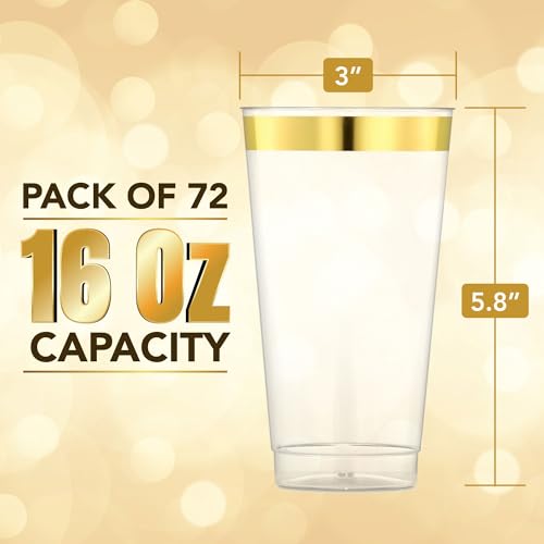 JoyServe 16 Oz Gold Clear Plastic Cups - (72 Count) Elegant Disposable Plastic Cups for Party, Gold Rimmed Fancy Tumblers for Drinks, Cocktail Parties, Birthdays, Baby Showers, Weddings and Events - Thumbnail 2