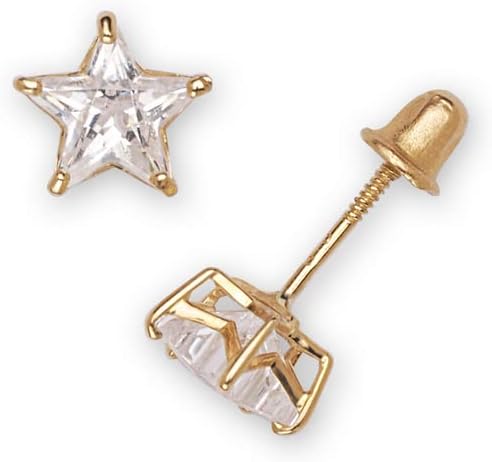 Jewelryweb - Solid 14k Yellow Gold Star-shaped Cubic Zirconia Stud Screw Back Earrings -4mm 5mm 6mm - Screw back Earrings for Women - Cubic Zirconia Star Earrings Stud