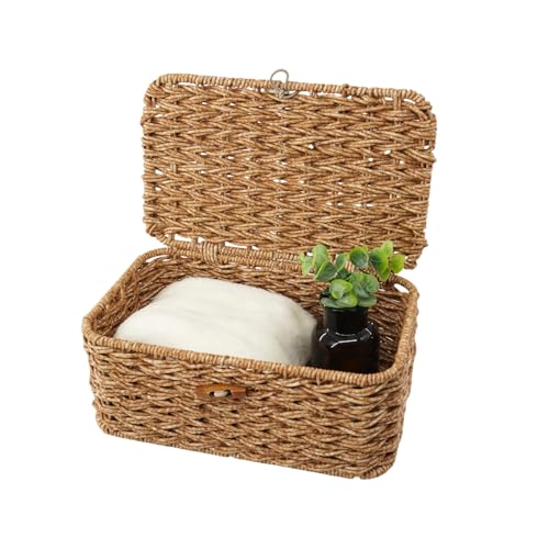 YRMT Rattan Storage Basket with Lid, Rectangle Wicker Storage Box for Shelves, Decorative Box, Multipurpose Home Organizer 10.2'x6.3'x4.1' (Rattan(10.2'x6.3'x4.1'))