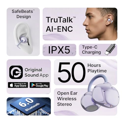 Image of pTron Bassbuds Verse Clips Wireless Open Ear Earbuds w /SafeBeats Tech, 50Hrs Playtime, Dual HD Mics, TruTalk AI-ENC, Custom EQ, Mobile App, Pristine Sound,BTv6.0 Earclips,Type C Charging(Pearl Purple)