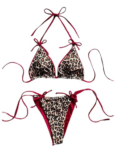 GORGLITTER Women's Leopard Bow Bikini Set Halter Triangle Tie String Thong Padded 2 Piece Contrast Trim Swimwear Brown and Red Small