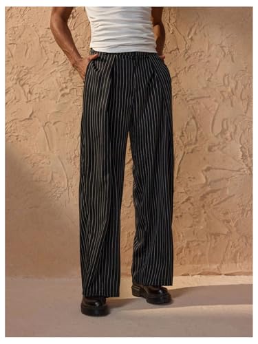 GORGLITTER Men's Striped Baggy Dress Pants Wide Leg Zipper Fly Business Work Pleated Trousers with Pockets2
