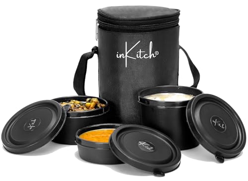 Image of Microwave Safe Lunch Box Set with Bag, 3 Containers (250 /400 /500 ml), Black | Outer Plastic & Inner Stainless Steel Tiffin Box | Leakproof Lunch Boxes