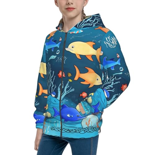 Small Blue underwater world of fish Print Girls Athletic Zip Up Hoodies,Sweatshirts with Pockets Long Sleeve Hooded Jackets, for 7-18 Y