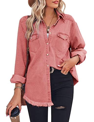 Zilcremo Women Denim Shirt Chambray Collared Jean Shirts Long Sleeve Pocket Button Down Blouses