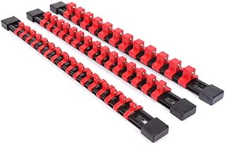 CASOMAN 3 PC Set Socket Organizer, SAE and Metric Socket Holder Rail, 1/4" Drive x 16 Clips, 3/8" Drive x 15 Clips, 1/2" Drive x 12 Clips, Premium Quality Socket Holder (red)