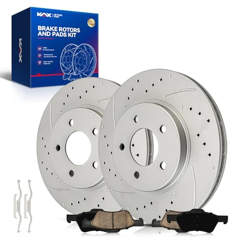 Image of KAX Front Brake Kit, Drilled and Slotted Brake Rotors, Ceramic Brake Pads | Fits Ford Escape 2005-2010, Mercury Mariner 2005-2010, Mazda Tribute 2005-2006 2008-2010, Automotive Replacement Brake Kit