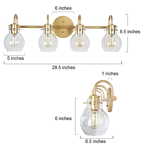 Image of KSANA Bathroom Vanity Light, 4-Light 28.5 inch Large Gold Bathroom Light Fixtures, Modern Vanity Lights for Bathroom with Globe Clear Glass Shades