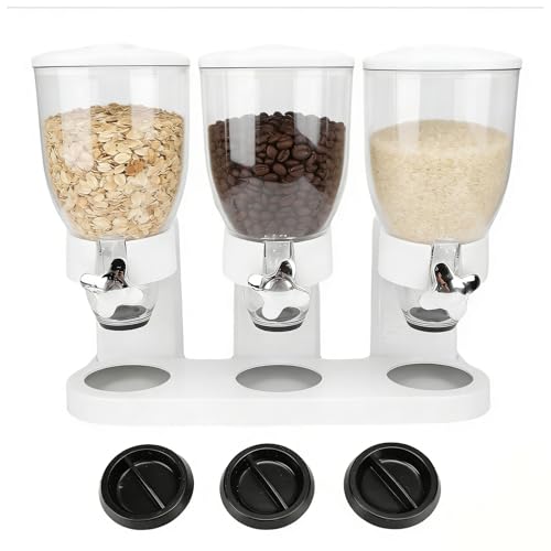 LICAEVEY Dispensador Triple de Cereales, Dispensador Multifuncional de Alimentos Secos para Encimera con 3 Compartimentos, Contenedor de Almacenamiento de Granola de Nueces Dulces para (WHITE)