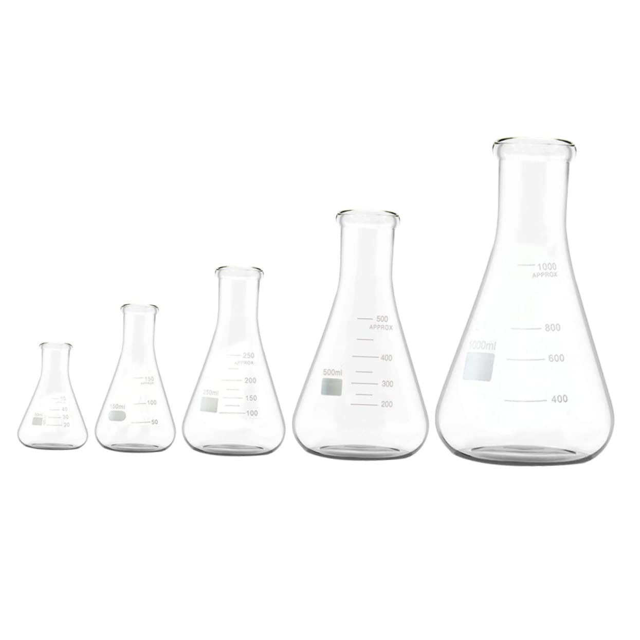 SOLUSTRE Matraz Erlenmeyer de Vidrio de Borosilicato, 5 Unidades | Cuello Ancho y Base Plana, 50ml a 1000ml, Graduaciones Estándar y Área de Marcado Amplia