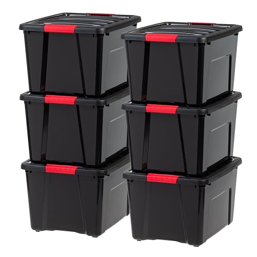 Image of IRIS USA 40 Qt Stackable Plastic Storage Bins with Lids, 6 Pack - BPA-Free, Made in USA - Garage Organizing Solution, Latches, Durable Nestable Containers, Secure Pull Handle - Black