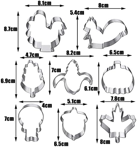 8 Pcs Fall Thanksgiving Large Cookie Cutters Set Pumpkin, Turkey, Maple Leaf, Oak Leaf, Turkey Leg, Squirrel and Acorn, Corn - Stainless Steel Biscuit Fondant Cutters Autumn