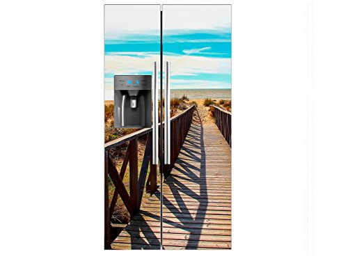 Vinilo Frigorífico Americano Puente Madera Playa | 91X179cm | Varias Medidas | Pegatinas de Nevera Económicas y Elegantes | Vinilo Nevera