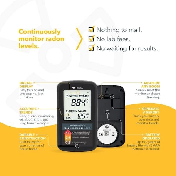 Airthings Battery-Operated Lightweight Digital Home Radon Detector with LCD Display for Continuous and Long-Term Monitoring