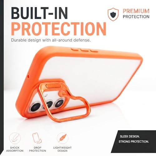 Image of amazon basics Frosted Matte Case for Samsung Galaxy S24 5G | Built-in Flip-Out Camera Lens Stand | Translucent Back with Contrast Orange Bumper | Shockproof Protective Cover with Foldable Kickstand