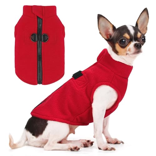 Image of Soft & Comfortable Dog Jacket - Cozy Zip-Up Sweater Vest with Leash Hook, Easy-On Pet Coat for Walks, Outdoor Play, and Everyday Adventures. Red M