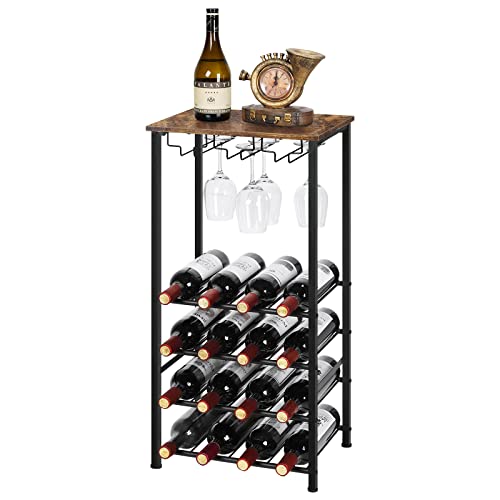 Sunexinlo Wine Rack Freestanding Floor, Wine Rack Table Hold 16 Bottles With Glass Holder, Tall Standing Metal Wine Bottle Holder Display Rack Stand #TOP20