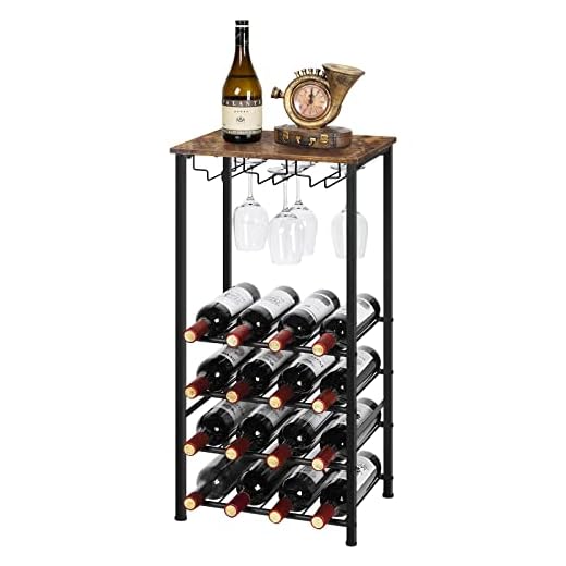 Sunexinlo Wine Rack Freestanding Floor, Wine Rack Table Hold 16 Bottles with Glass Holder, Tall Standing Metal Wine Bottle Holder Display Rack Stand