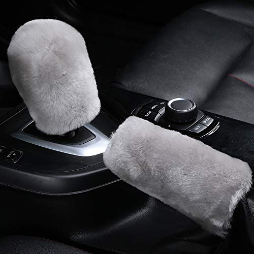 OGLAND Fluffy Natural Fur Sheepskin Car Gear Shift Handle Level Stick Knob Covers for Automobile Selector Handball Collar, Handbrake Cover (Misty Gray)