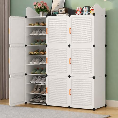 Image of Plastic Shoe Rack for Home with Door | 27-Shelf DIY Shoe Cabinet Organiser | Stores 54 Pairs | Foldable & Waterproof Shoe Stand for Entryway, Bedroom (White, 9-Door)