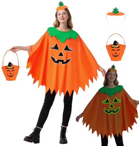 Miulruma 4pcs Pumpkin Costume for Women Pumpkin Poncho with Headband Bag for Halloween Dress Up A056